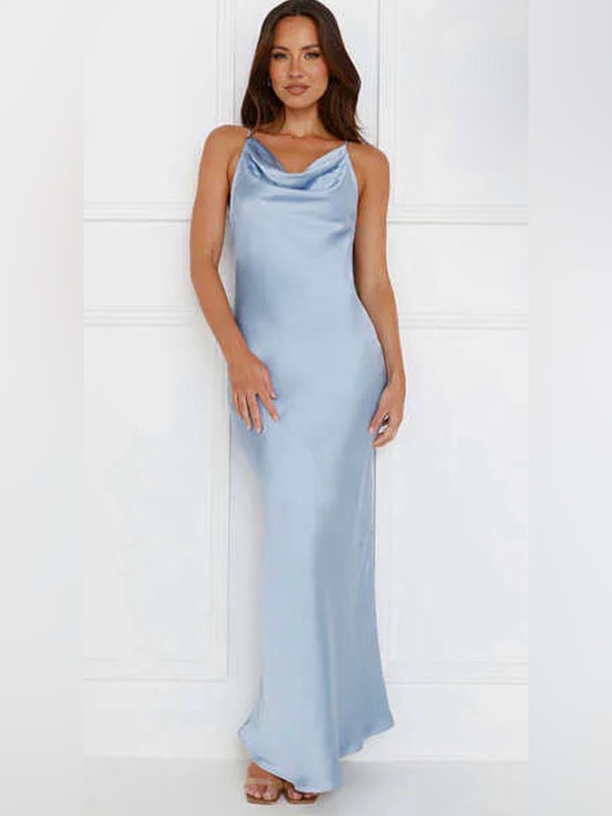 Hello Molly Dresses & Skirts - Hello Molly Light Blue Satin Cowl Neck Maxi Dress, blue bridesmaid dress